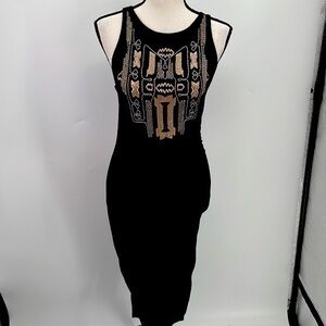 UEC Guess black fitted sleeveless midi dress XXS gold & nude threaded design